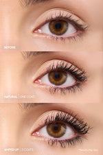 Before and after lashes with High Note mascara: natural one coat and amped up three coats